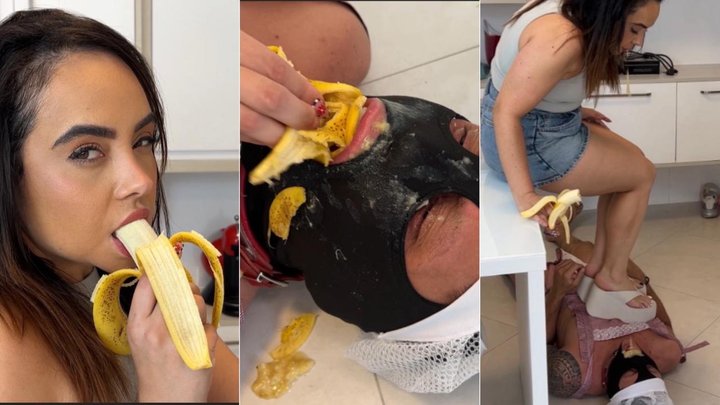 Chewing and spitting banana in slave's mouth HD