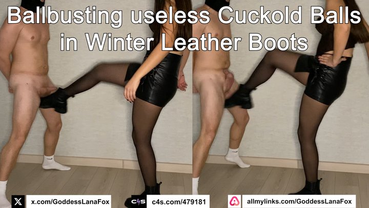 Ballbusting useless Cuckold Balls in Winter Leather Boots