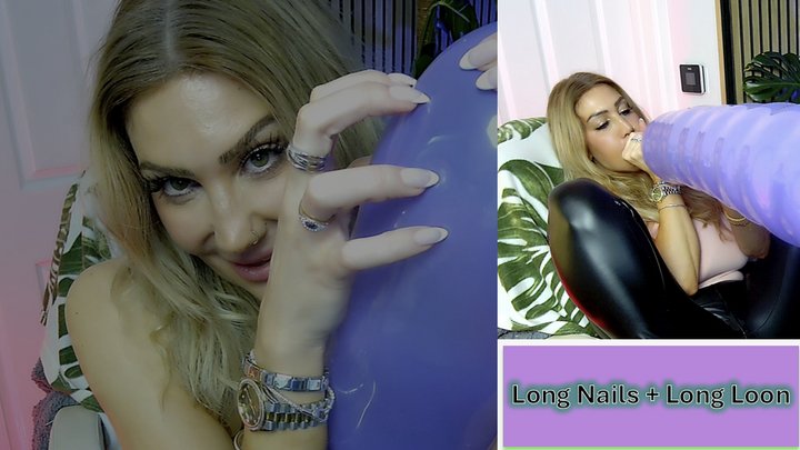 Long Nailed Milfy Looner Inflates, Teases and Nail Pops a 36'' Nobbly Balloon (N