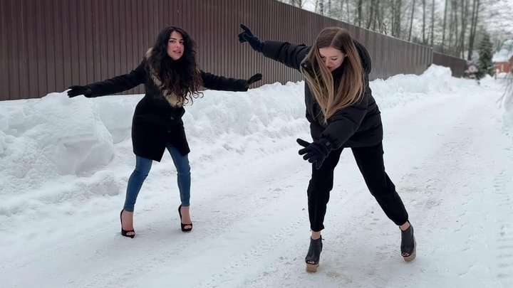 Heelless shoes on ice, slippery shoes, slippery girls, girls on ice road