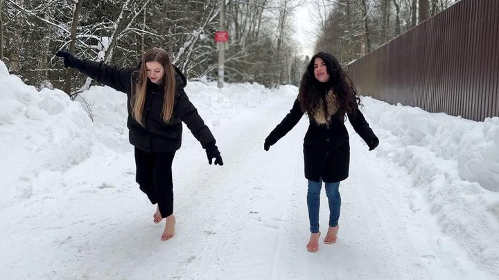 Clear flip flops on ice, high heels on ice, high heels on snow, frozen feet, bar