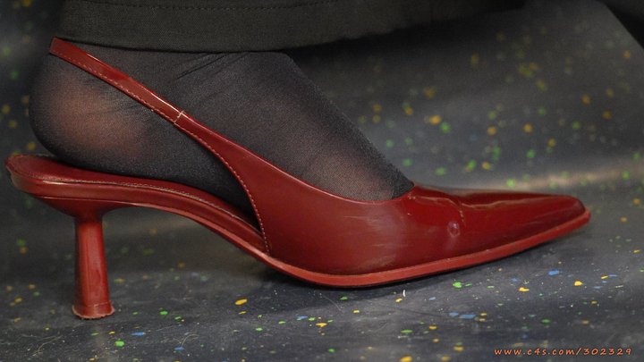 Amazing nylon feet with sexy red high heel pointed sandals, foot fetish ignoring