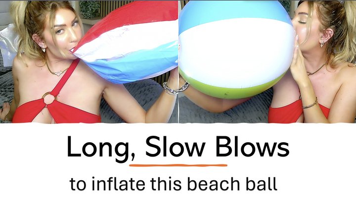 Long, slow blows and valve tease (mouth inflation of beach ball by blonde milf i