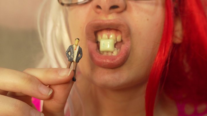 Giantess stepsister chews gum, then blows bubbles at her tiny stepsister and wra