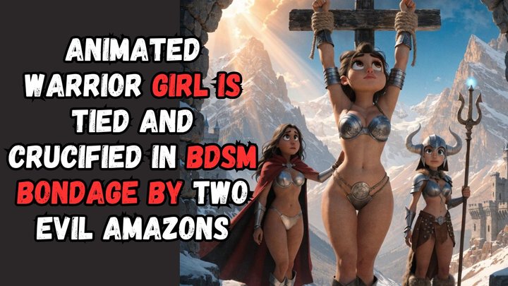 Curvy animated warrior knight woman is crucified and hangs in BDSM bondage for y