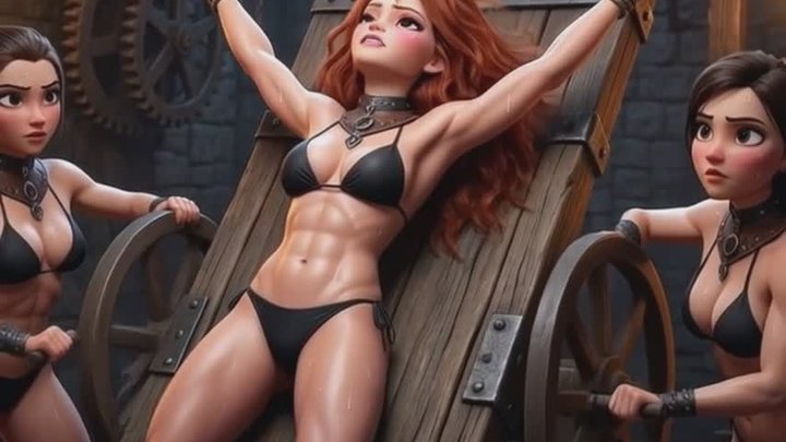sexy red head animated babe is tied to a rack in the dungeon and stretched slowl