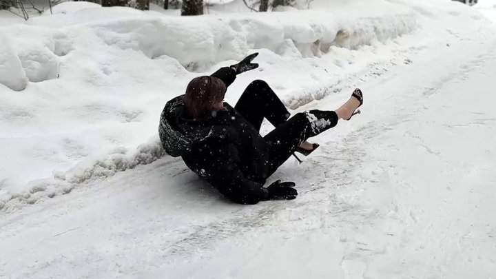 High heels mules on an extremely slippery icy road, high heel sliding, slippery 