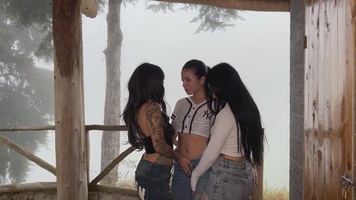 Three naughty girls rubbing their jeans in balcony