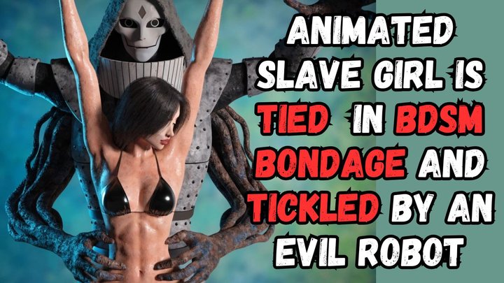 Tickling Dungeon slave girl in a bikini suspended by wrists in a dark dungeon as