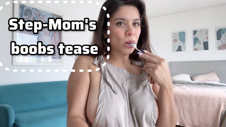 Stepmom s boobs tease while eating yogurt 4K
