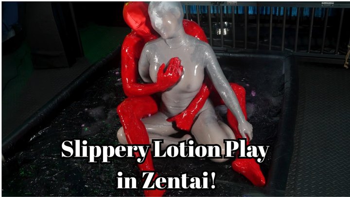 Slippery Lotion Play in Zentai!