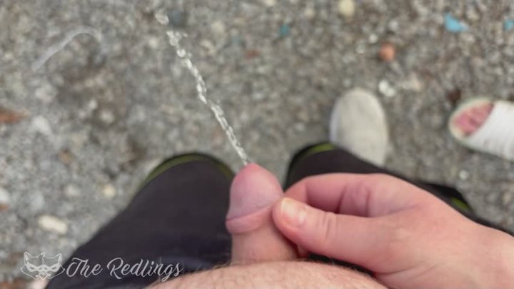 BBW Milf Pulls Cock Out and Holds It While He Pees Outside