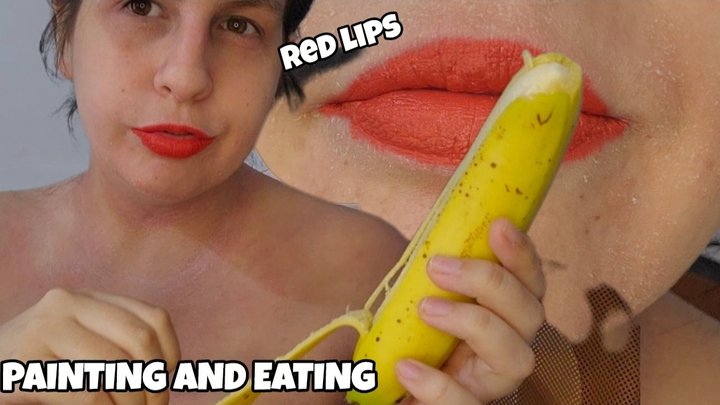 Red Lipstick Tease Slowly Applying Red Lips While Eating a banana