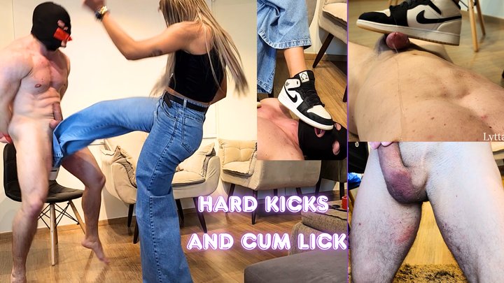 Lytta Blond - Ballbusting and Cum Lick - Sexy Lytta Kicks HARD bitch balls For n