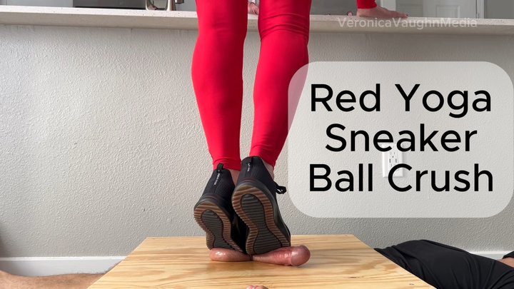 RED YOGA PANTS SNEAKER BALL DESTRUCTION: BLINDFOLDED JOCK CRUSHED & SWOLLEN UNDE