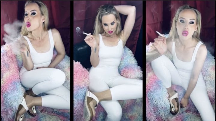 Your flip Flop Queen smokes marlboro 100 in white birkenstock