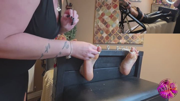 ELEKTRA TRAPPED IN STOCKS, TOE TIED AND TICKLED BY THE SAVAGE MISS FAIRTRADE. FU