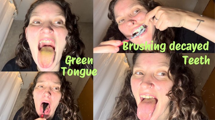 Brushing decayed teeth and green tongue