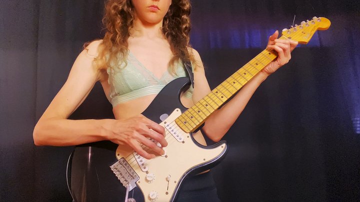 Playing Guitar in a Bra - Veiny Hands & Fingers