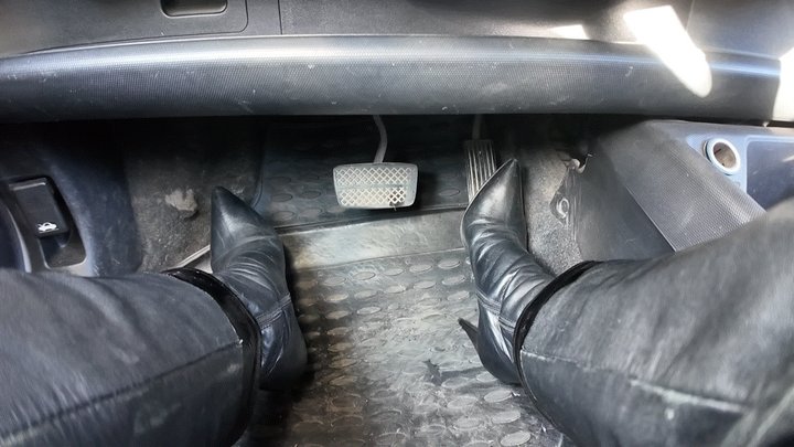 driving in leather high heel boots and leather outfit av3