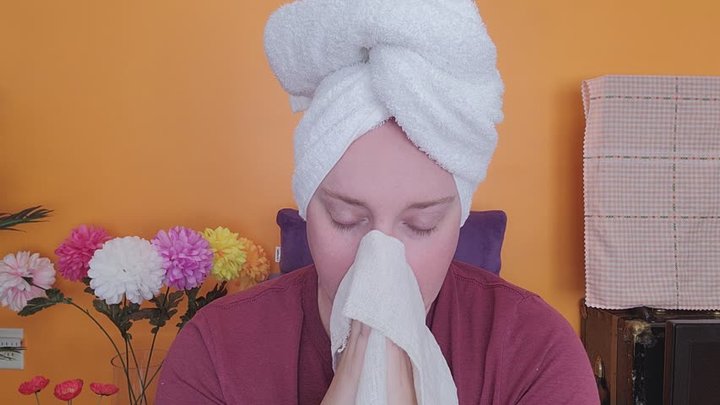 Fun Nose Honking in Hair Towel and Robe with Hanky