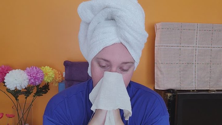 Loud Nose Honking and Blowing with Hanky wearing Blue Robe and White Hair Towel