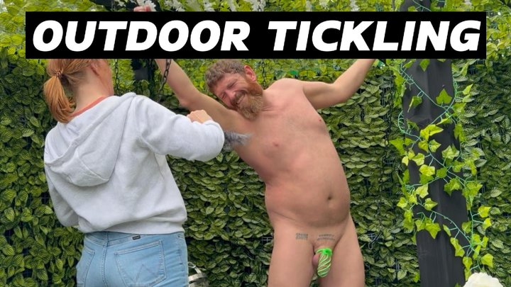 OUTDOOR TICKLING armpit focussed feathers and fingers make him squeal like a bit