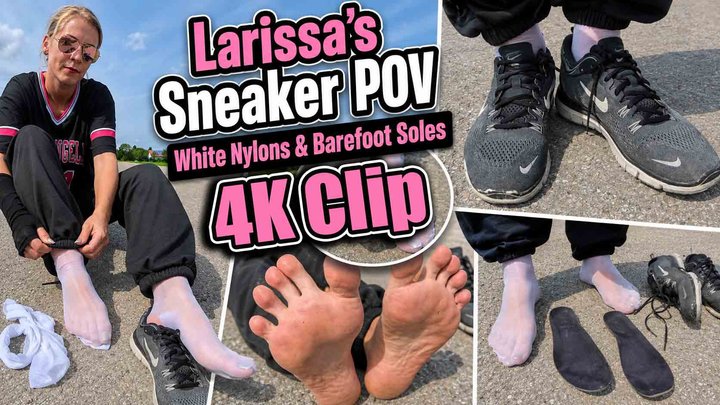 4k Clip | Larissa’s Worn Nike Sneakers, White Nylons & Barefoot Sole Close-Ups