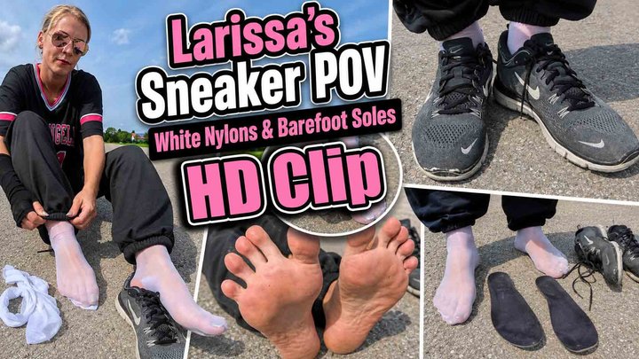 HD Clip | Larissa’s Worn Nike Sneakers, White Nylons & Barefoot Sole Close-Ups c