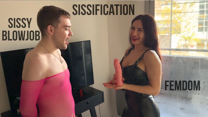 I turn my slave into a sissy slut and make him suck a dildo, MF