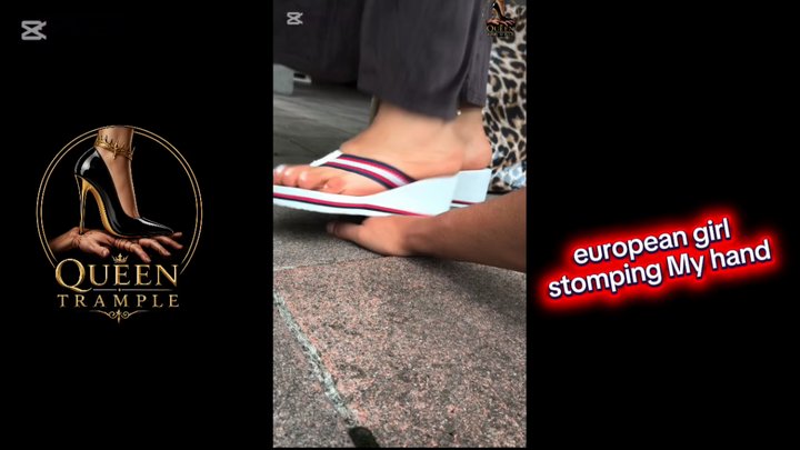 girl stomps hard on my hand with her wedge flip-flops.
