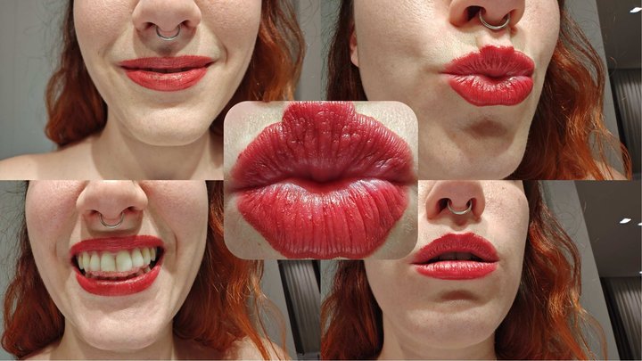 Putting on lipstick and giving kisses