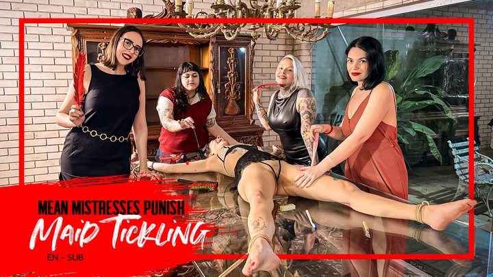 4 Bosses tie the Maid to the table and punish her with intense tickling (720 EN-