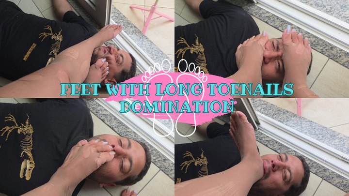 Long toenails with pantyhose dominate and smother slave's face