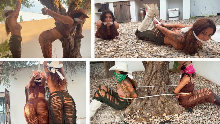 Bandit Girls Tied Tight. Two Helpless Cowgirls Cleave Gagged to a Tree and Rough