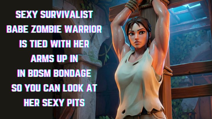 Sexy survival expert woman with huge rippling muscles covered in sweat is tied w