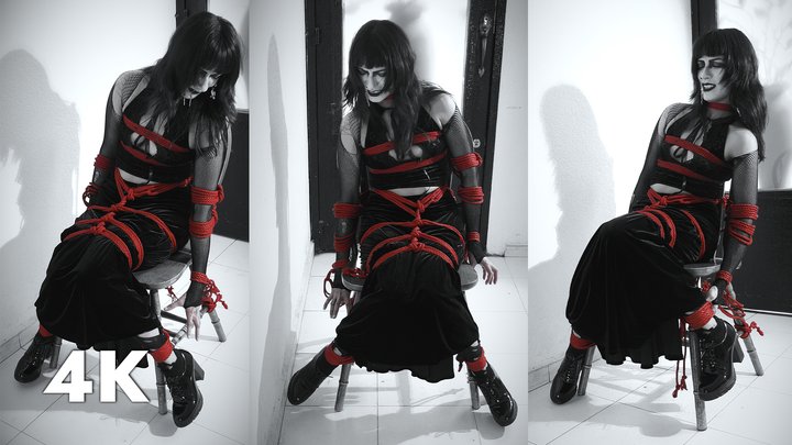 Vesper: Goth girl chairtied and struggling escape attempt - 4K