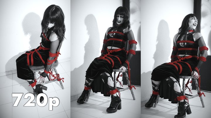 Vesper: Goth baddie tied up to the chair struggles against the ropes escape atte