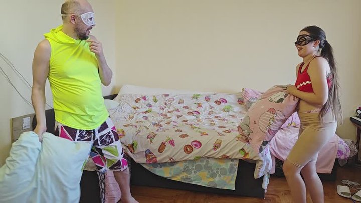 Tall Guy vs Petite Girl: Pillow Fight Wrestling Domination Ends with Erotic Rewa