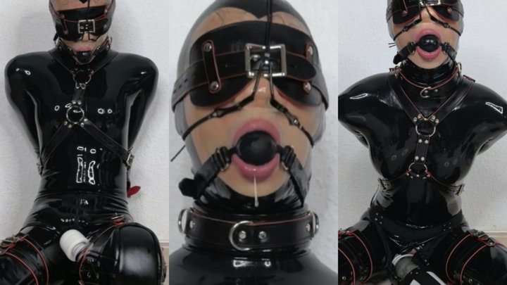 Gagged & nosehooked, latex covered & drained by autostroker