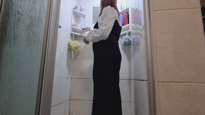 Shower wet look in business attire and sock play