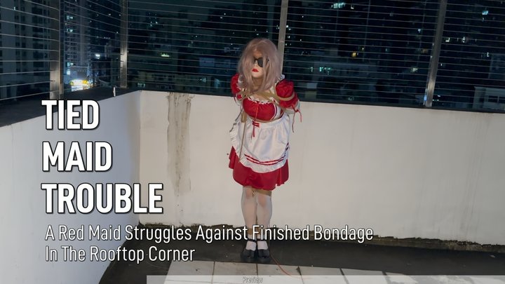 Red Maid Bound In The Rooftop Corner – White Pantyhose Struggle