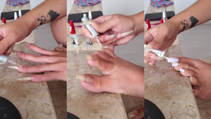 (1080p) Polishing my enormous fingernails transparent and my long toenails white