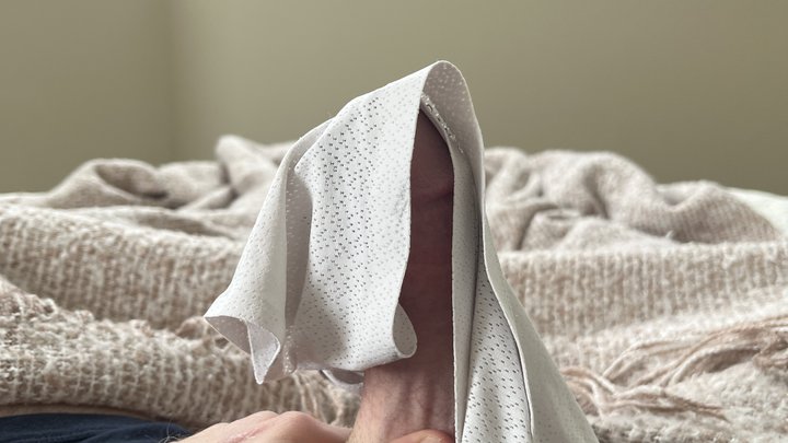 Young guy trying not to cum using his girlfriends dirty underwear to masturbate