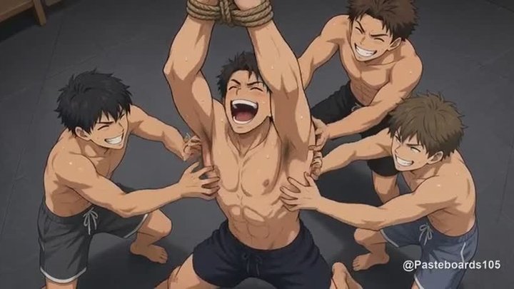 Arms Roped Overhead - Three Pairs Of Hands On A Bound Muscle Jock's Ribs And Sid