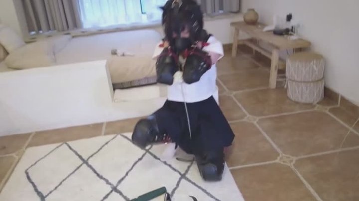 "Puppy play" with a schoolgirl-style girlfriend in white thigh-highs.
