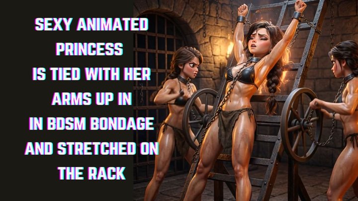 Sexy animated princess bitch in bikini is tied to a rack in bdsm bondage by two 