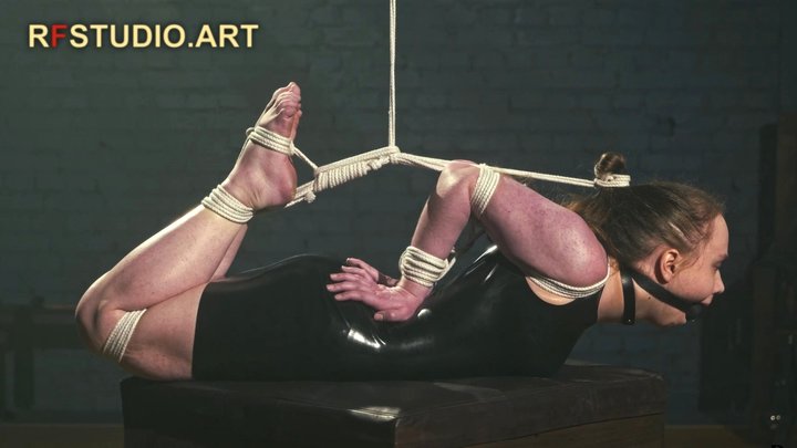 Arina in a Latex Dress - Huge Ball Gag, Tight Ropes, and an Arched Predicament H