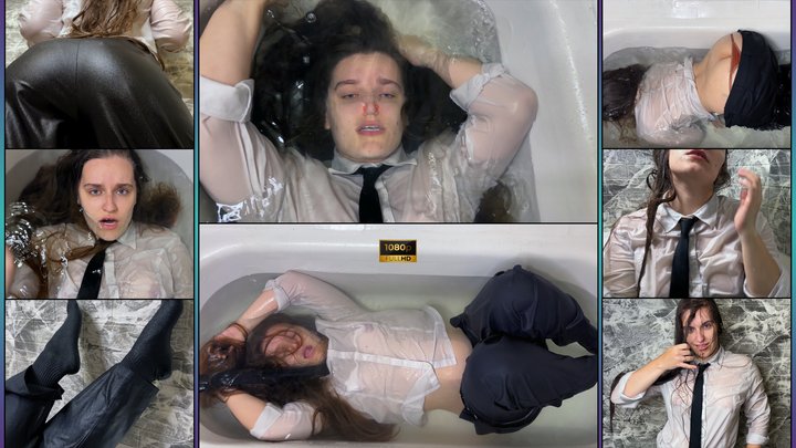 Secretary in Trousers and Socks Blows Bubbles Underwater in Bathtub 1080 - Wet C