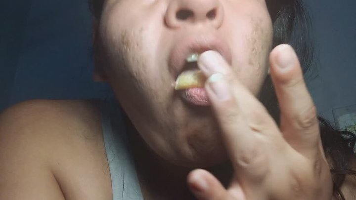 Crunchy Snack - Chubby Latina eats pork rinds
